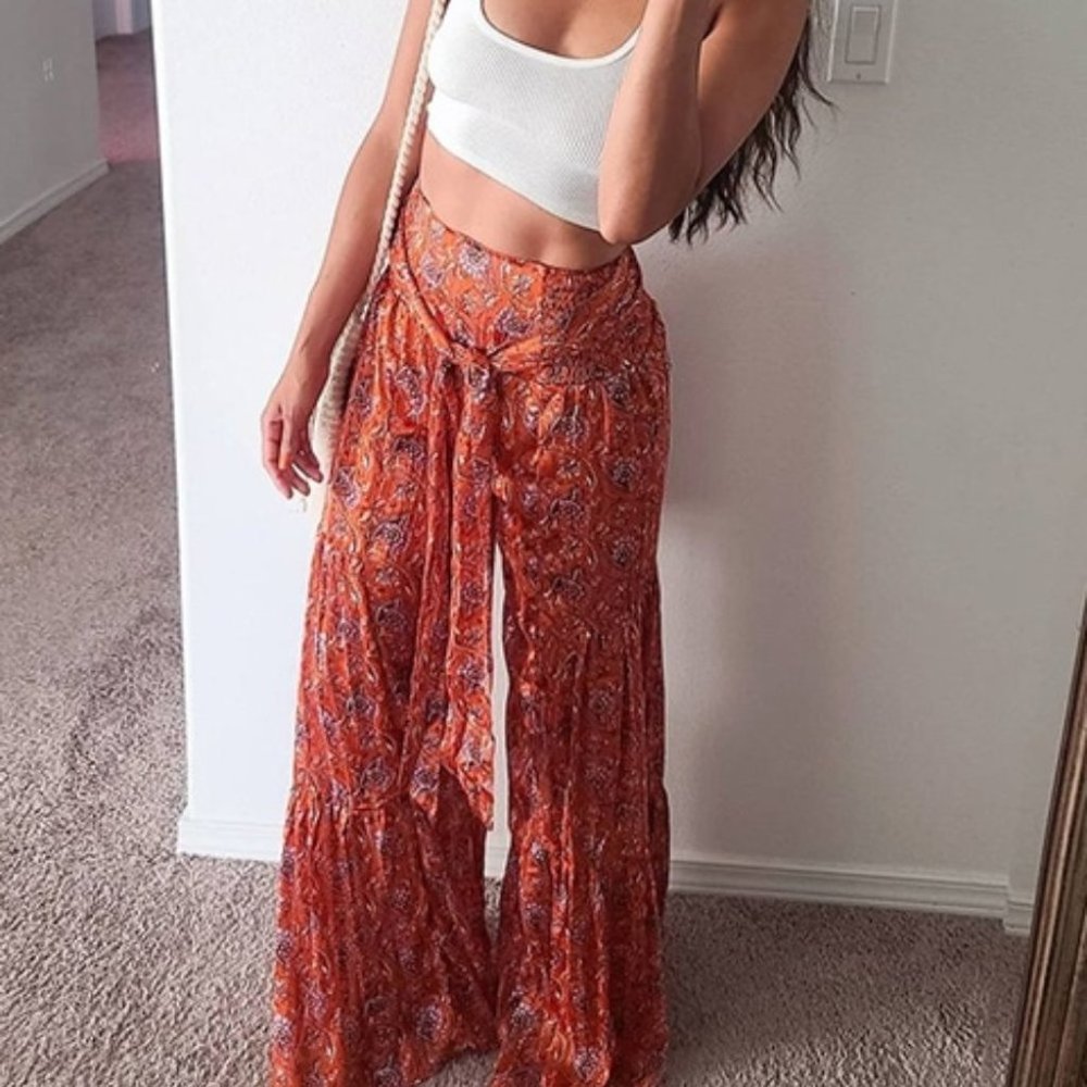 Paisley Palazzo waist Tie Lounge Pants Orange - Picture 15 of 16